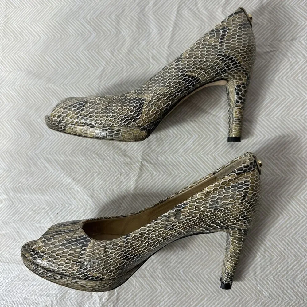 Stuart Weitzman Pumps Womens 7 Brown Snake Print Leather Peep Toe Platform Heels